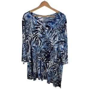 Catherines Womens Palm Leaf Tunic Top Sz 2X Blue Asymmetrical Hem Tropical Flowy